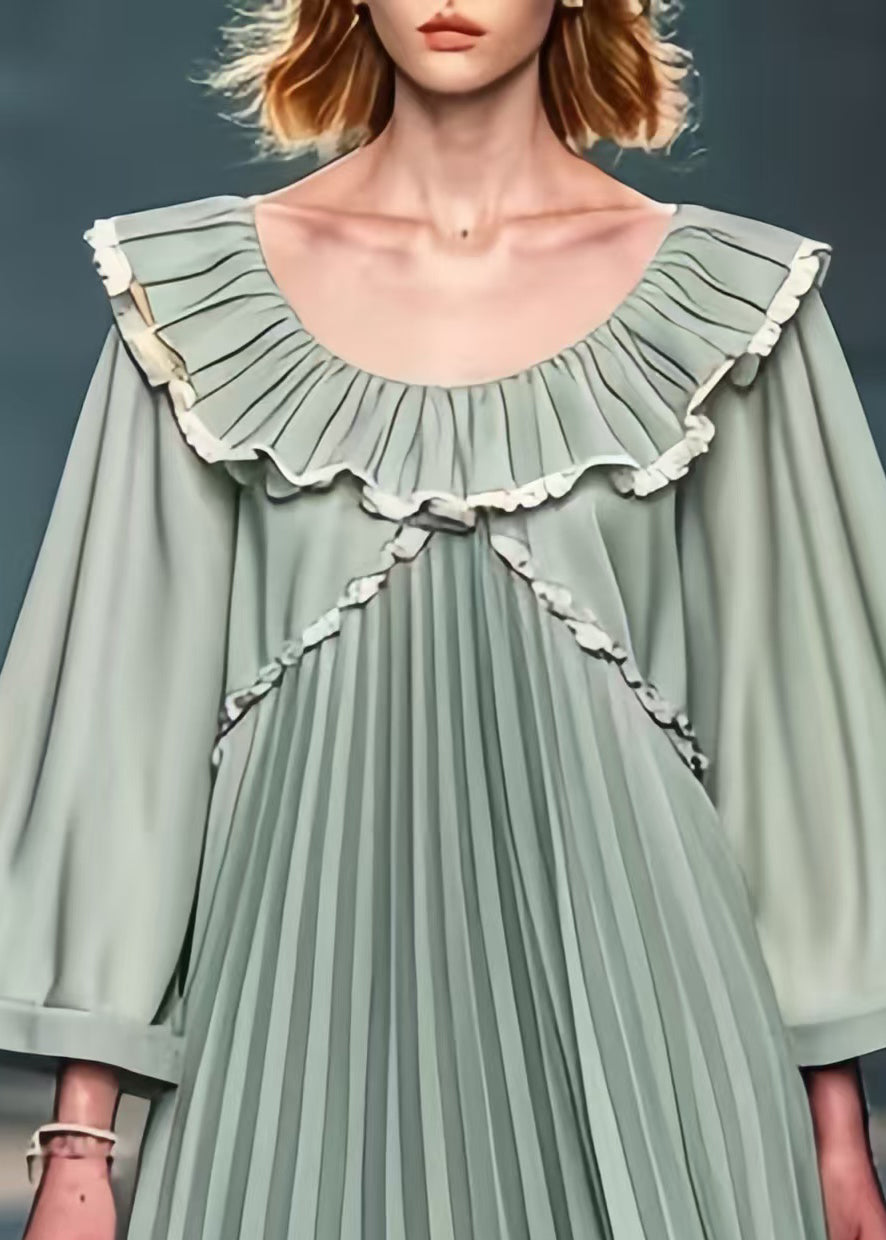Green Peter Pan Collar Wrinkled Chiffon Mid Dresses Summer