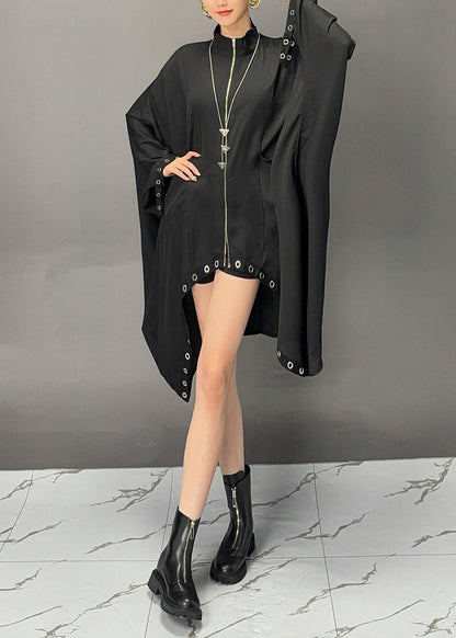 Black Turtleneck Asymmetrical Patchwork Maxi Coats Batwing Sleeve