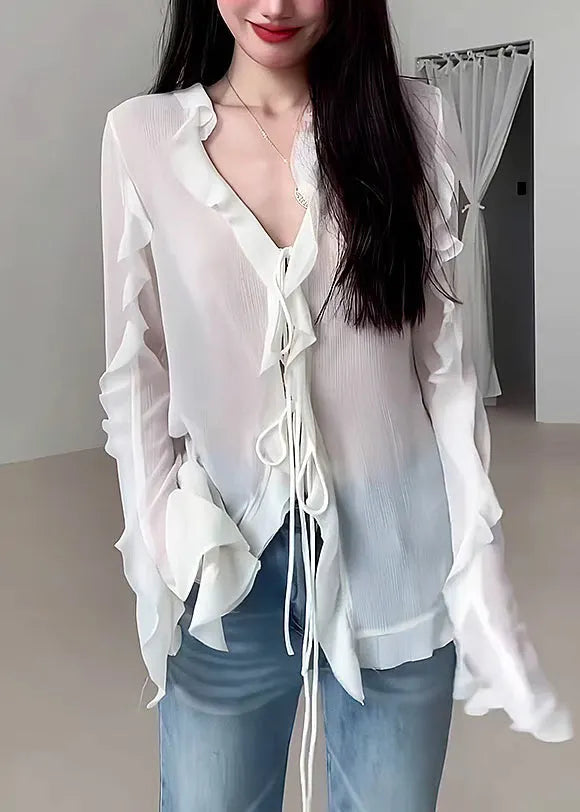 Natural White V Neck Ruffled Chiffon Shirt Fall
