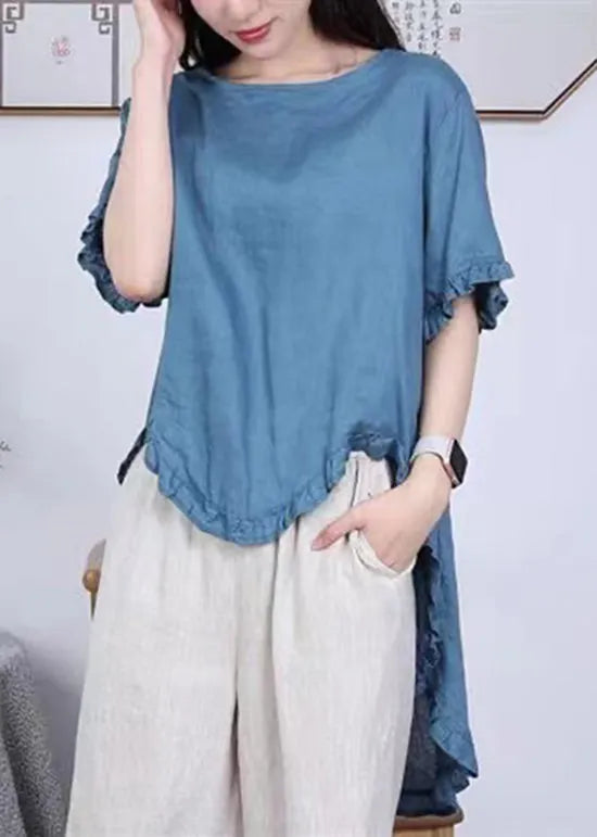 Rose Asymmetrical Ruffled Patchwork Linen Tops Summer