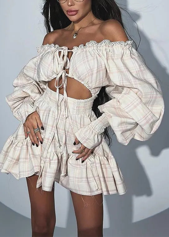 Apricot Plaid Cold Shoulder Cotton Tea Dress Summer