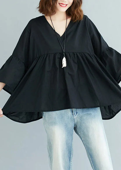 Black V Neck Patchwork Asymmetrical Design Fall Top Three Quarter Sleeve