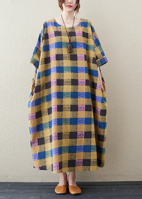 Yellow Plaid O-neck Long Dress Summer