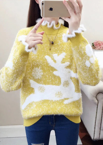 Red Ruffled Print Thick Mink Hair Knitted Sweaters Fall