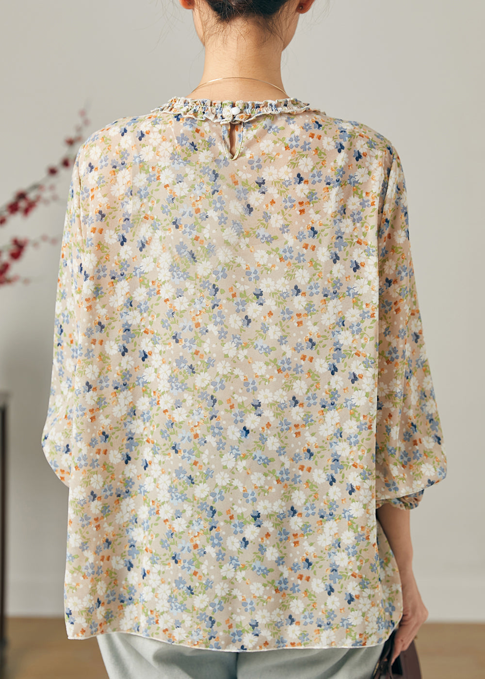 Ruffled Print Chiffon Shirt Tops Summer