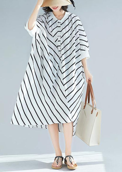 100% White Striped Tunic Dress Asymmetric Spring Dress