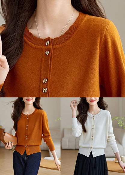 White Button Wool Knit Fall Coats O Neck