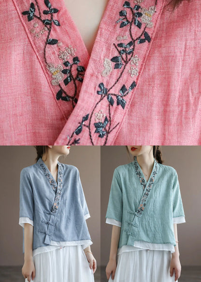 Orange Oriental Embroideried Cotton Blouses Half Sleeve