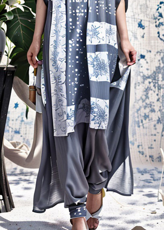 Blue Print Chinese Button Silk Long Dresses Summer