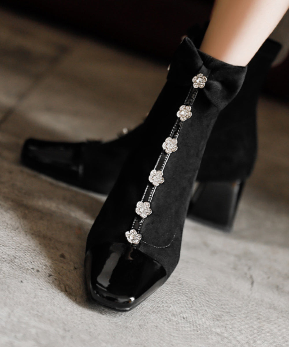 Apricot Bow Zircon Classy Splicing Chunky Boots