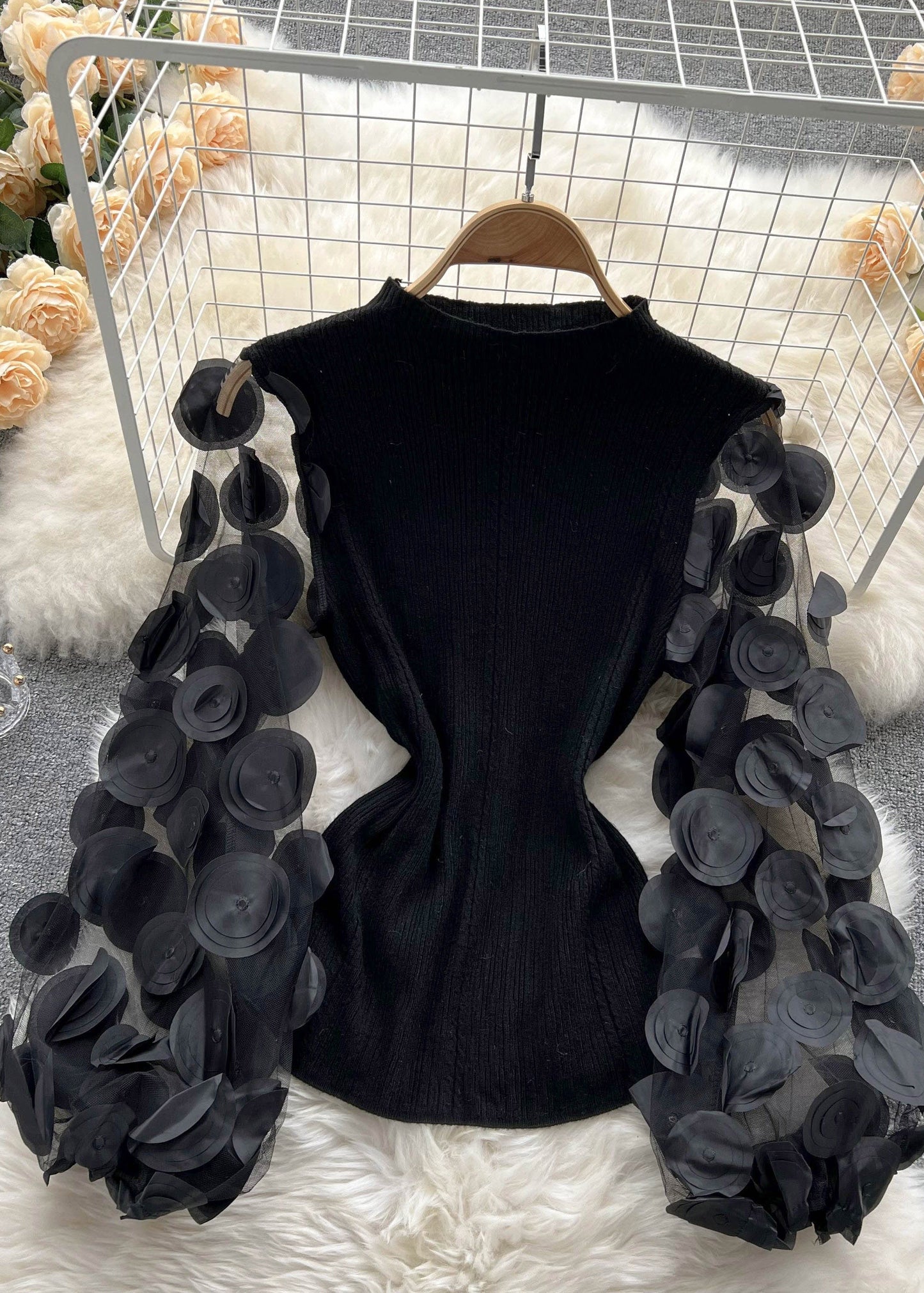 Natural Black O-neck Patchwork Tulle Top Puff Sleeve