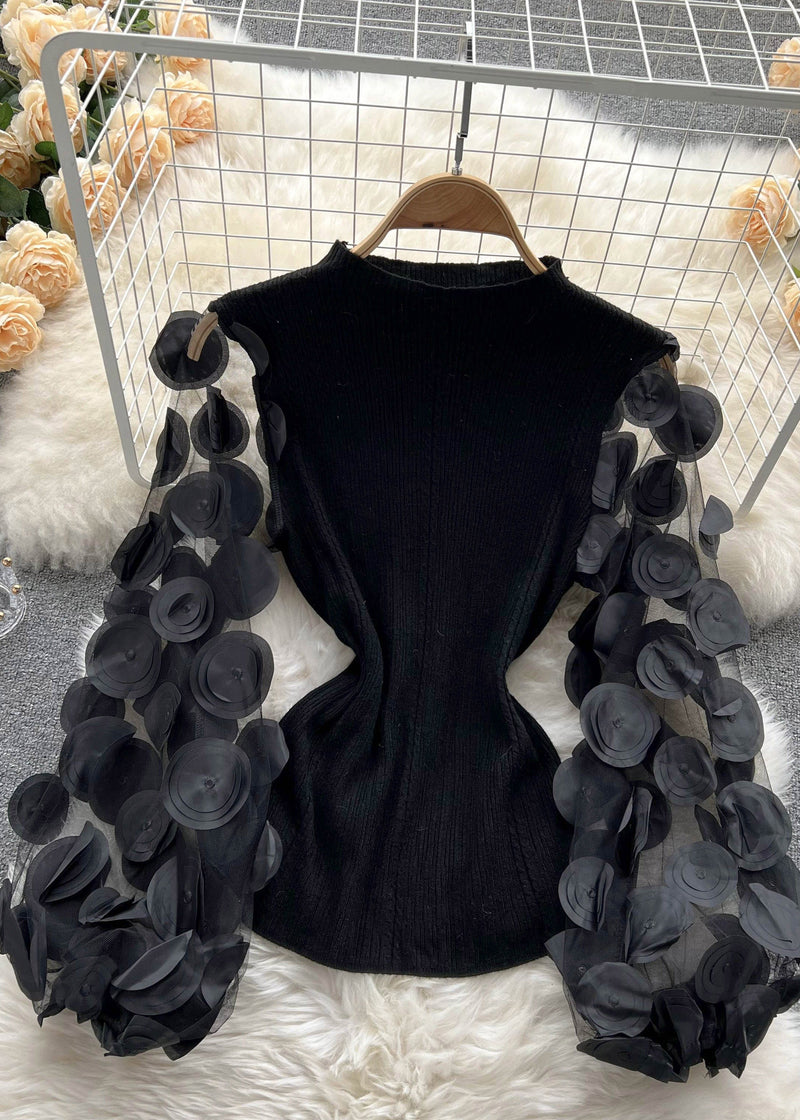 Natural Black O-neck Patchwork Tulle Top Puff Sleeve