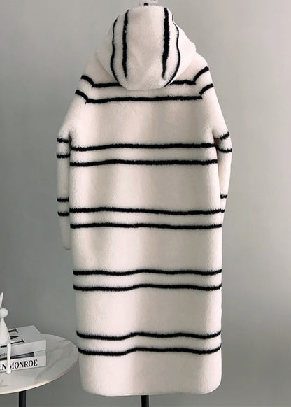 Italian White Striped Button Woolen Long Hooded Coat Winter