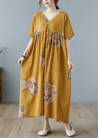 Green Bamboo Retro Button Summer Print Half Sleeve Maxi Dress