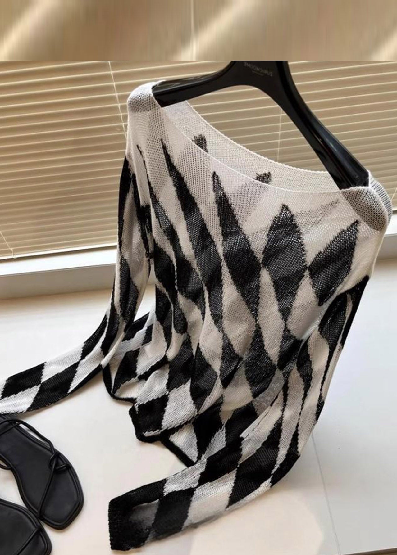 Striped Plaid Slash Neck Knit Top Fall