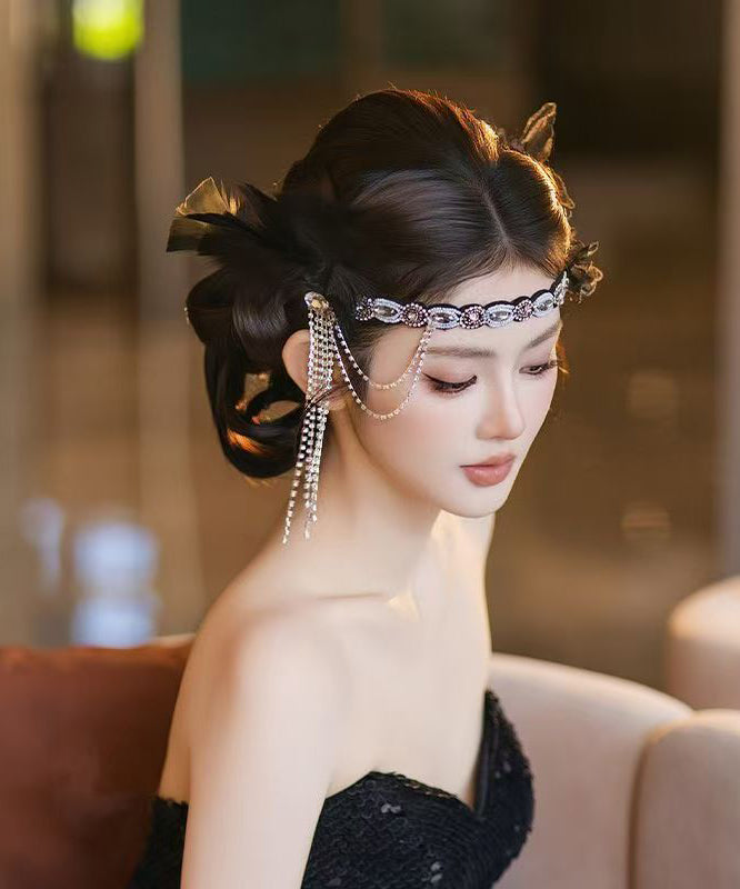 Black Alloy Zircon Feather Tassel Hairpiece