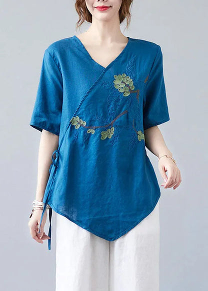Blue Asymmetrical Shirt Tops Half Sleeve