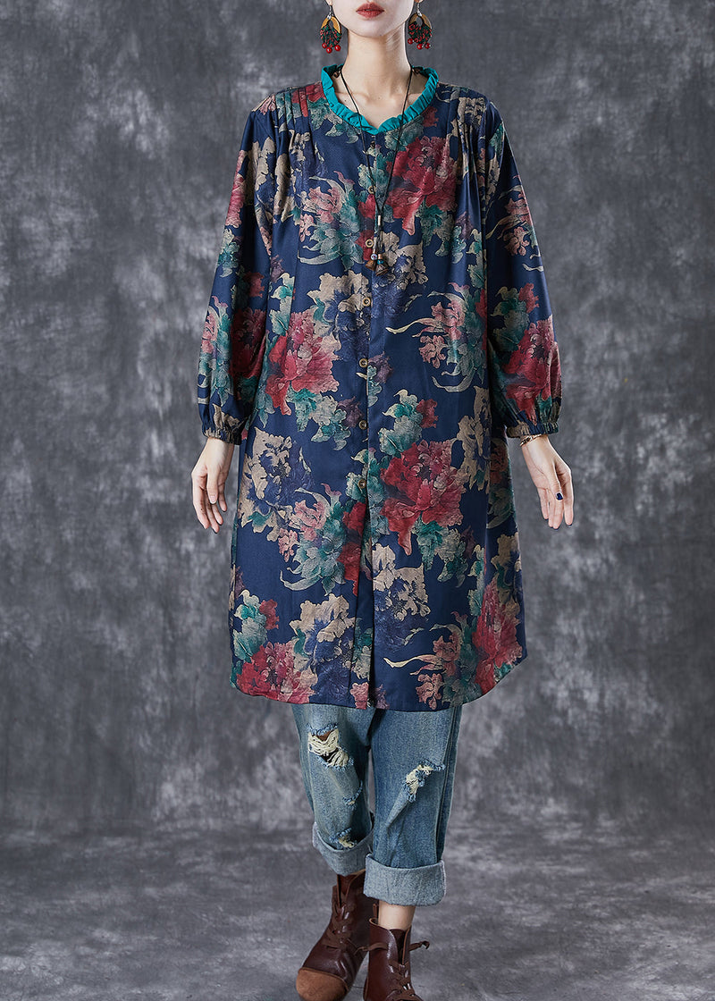 Black Print Linen Shirt Dress Ruffled Fall