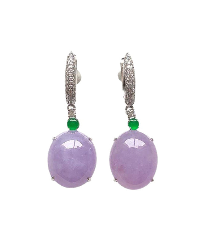 Purple Sterling Silver Inlaid Zircon Jade Drop Earrings