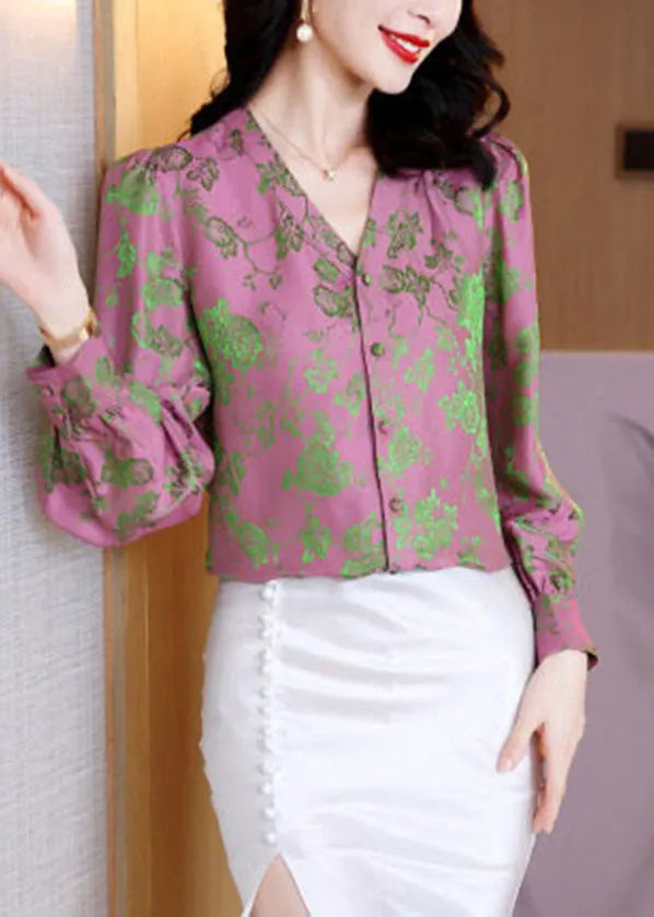Classy Pink Button V Neck Jacquard Silk Shirt Long Sleeve