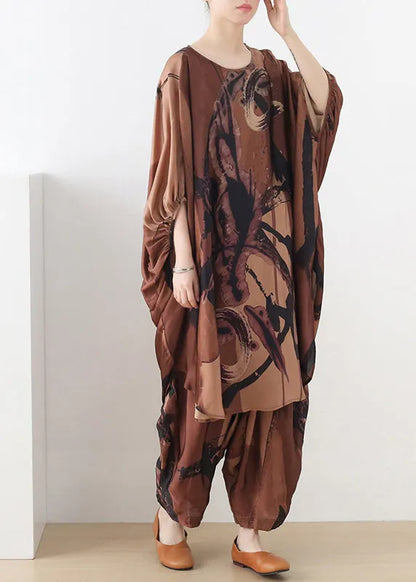 Chocolate O-neck Asymmetrical Print Silk Two Pieces Set Batwing Sleeve