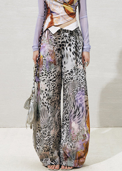 Purple Leopard High Waist Cotton Wide Leg Pants Summer