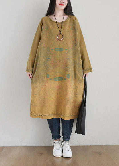 Yellow O Neck Print Side Open Cotton Mid Dress Spring