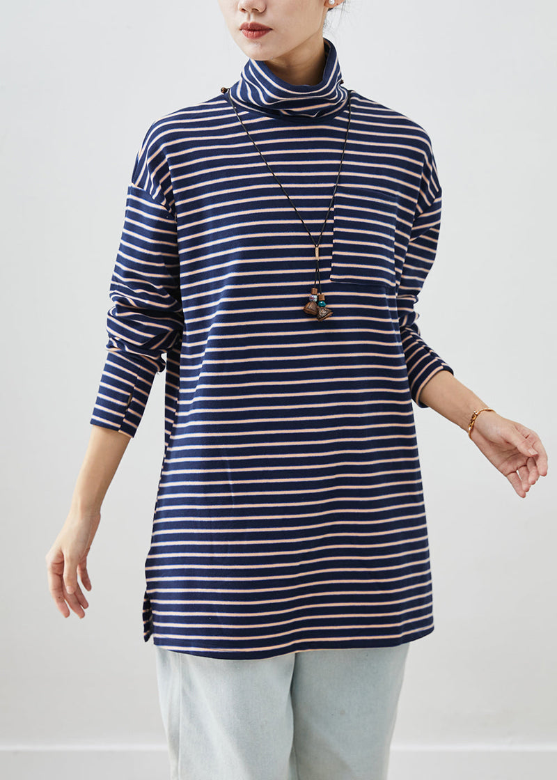 Blue Turtle Neck Striped Cotton Shirt Top Fall