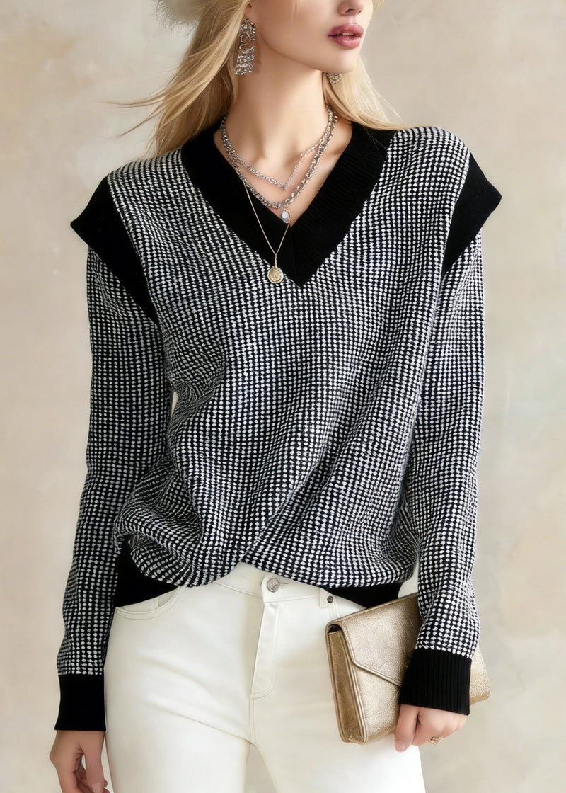 Black V Neck Plaid Knit Sweater Tops Winter