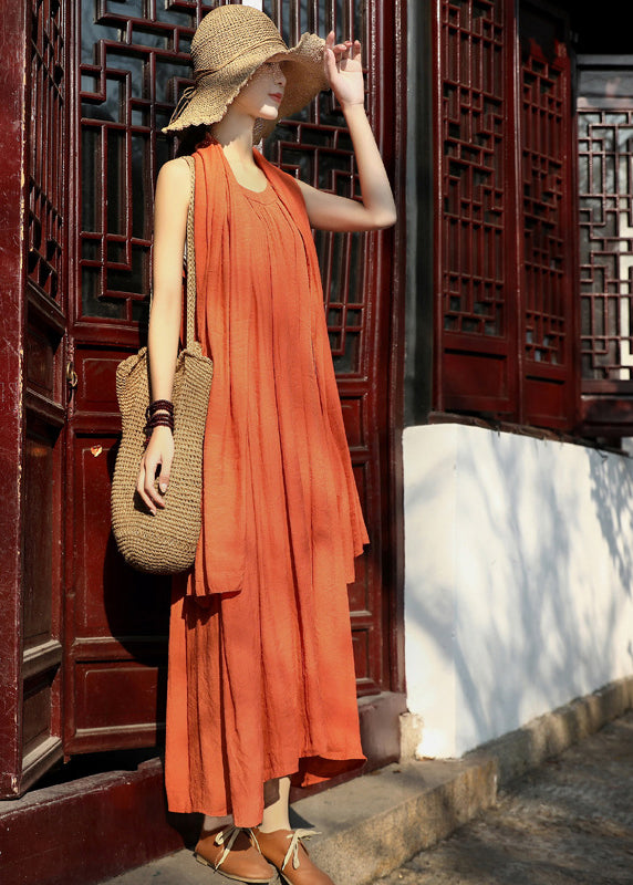 Orange Original Design Linen Spaghetti Strap Dress and Shawl Two Pieces Set Summer