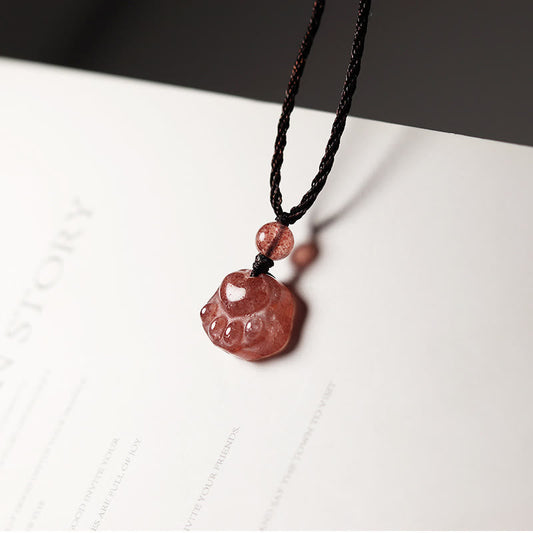 Buddha Stones Strawberry Quartz Cat Paw Claw Healing Necklace Pendant