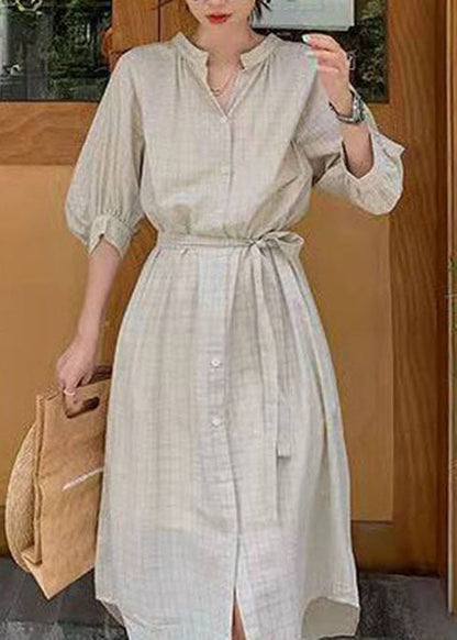 Light Green Cinched Plaid Cotton Dress Spring