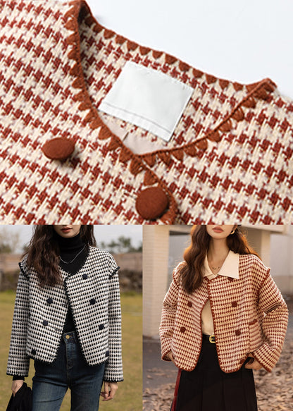 Red Plaid Pockets Patchwork Cotton Coats Button Long Sleeve