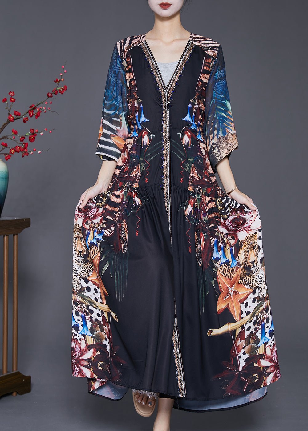Black V Neck Print Exra Large Hem Chiffon Maxi Dresses Fall