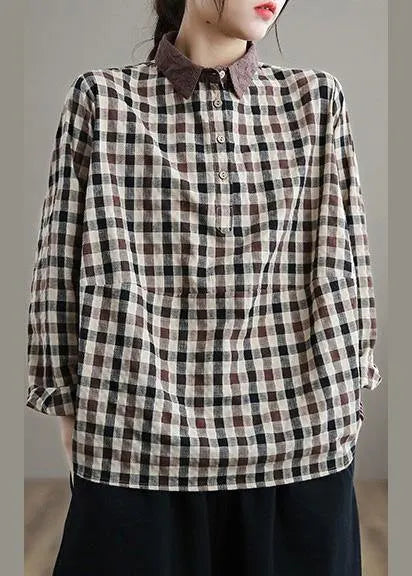 Style Chocolate Plaid Shirts Lapel Patchwork Vestidos De Lino Spring Shirts