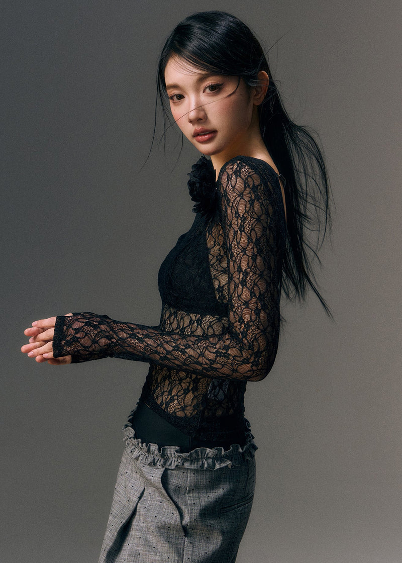 Black Bead Chain Linked Lace Top Fall