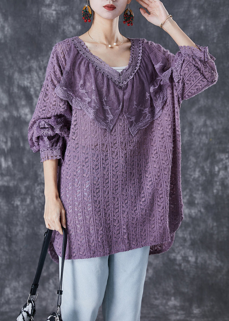 Purple V Neck Patchwork Lace Shirts Fall