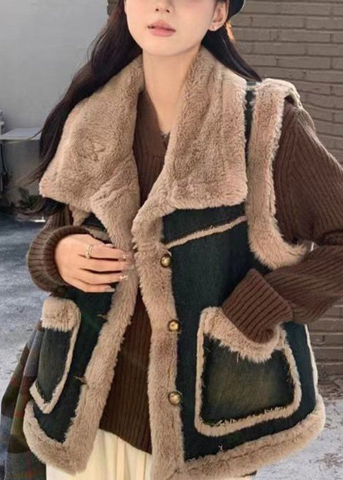 Denim Blue Button Pockets Warm Fleece Waistcoat Sleeveless