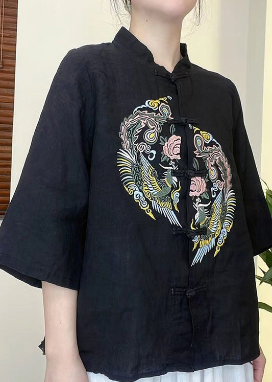 Black Linen Shirt Top Stand Collar Button Half Sleeve
