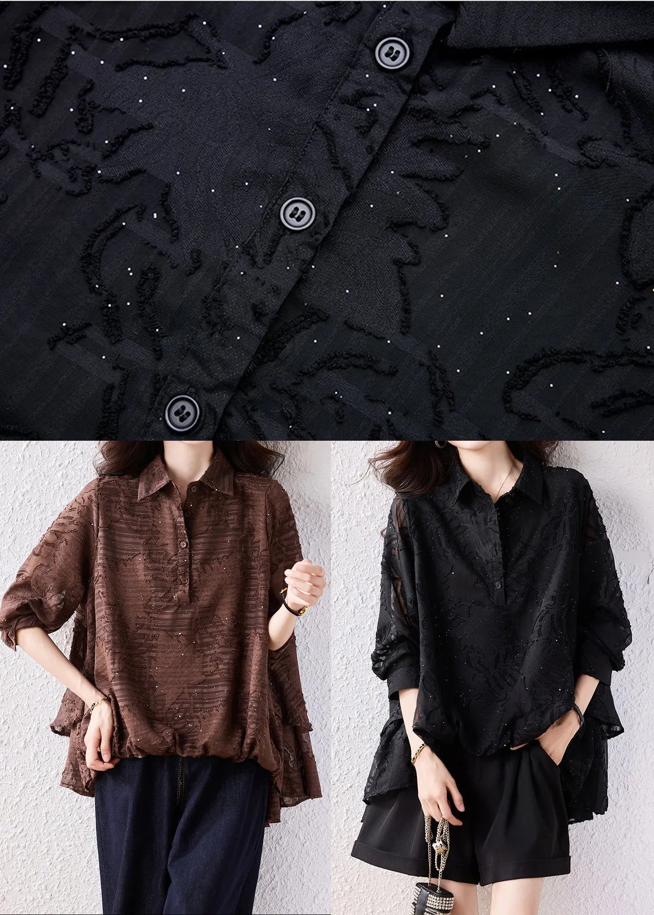 Modern Black Oversized Jacquard Chiffon Shirt Tops Fall