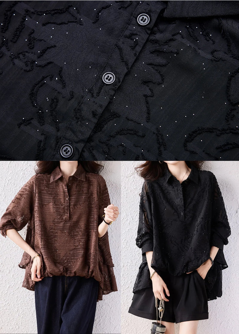 Modern Black Oversized Jacquard Chiffon Shirt Tops Fall