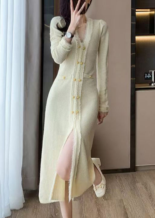 Apricot V Neck Knit Sweater Dress Winter