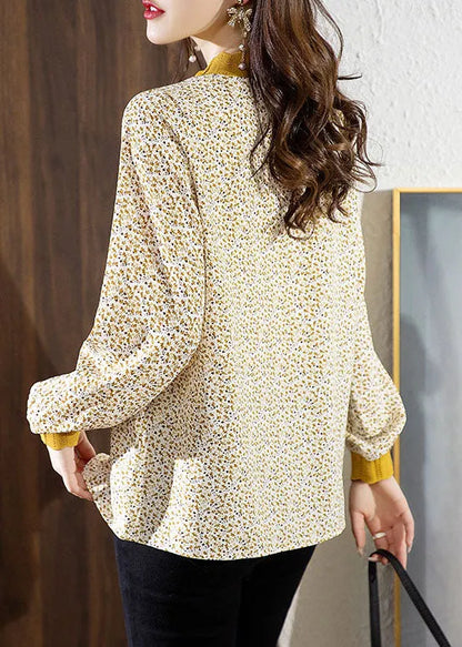 Yellow Stand Collar Print Chiffon Shirt Top Spring