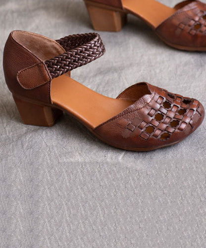Buckle Strap Hollow Out Splicing Chunky Heel Brown Cowhide Leather