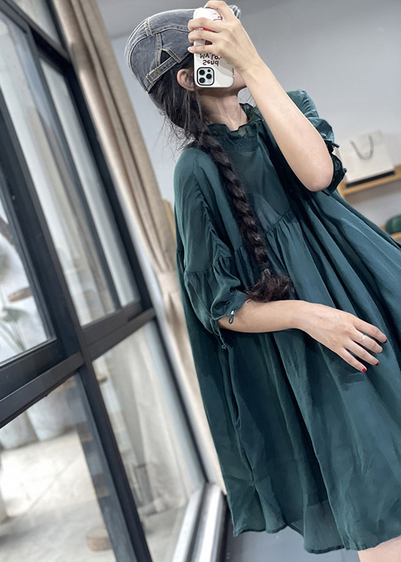 Blackish Green Ruffled Patchwork Wrinkled Linen Top Summer