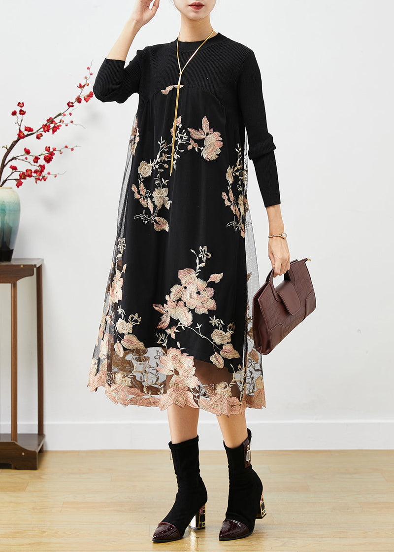 Light Pink Embroideried Patchwork Knit Dresses Fall