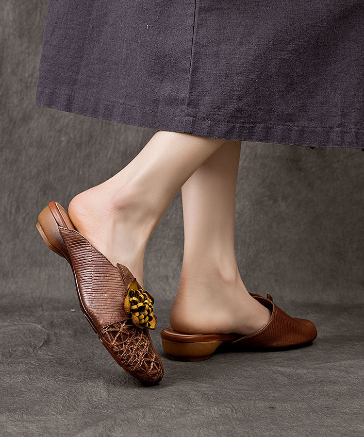 Coffee Cowhide Leather Splicing Slide Sandals