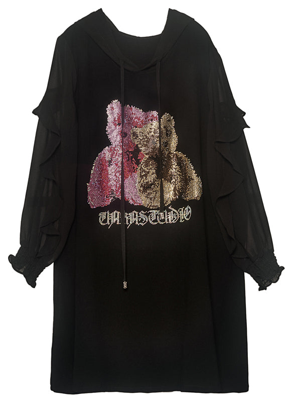 Black Hooded Ruffles Bear Print Chiffon Sweatshirt Dress Spring