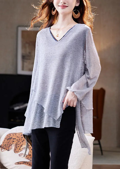 Loose Grey Asymmetrical Thin Knit T Shirts Fall