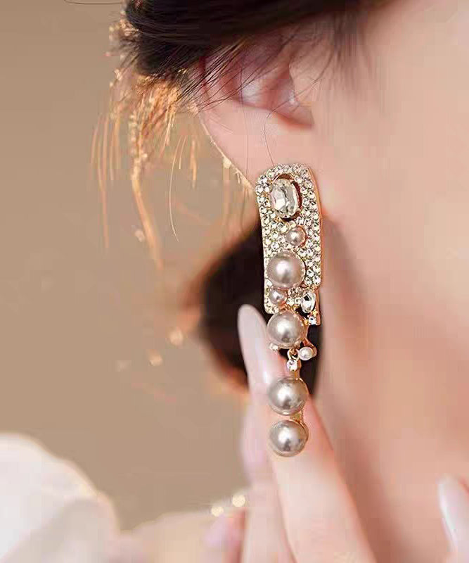 Rose Alloy Zircon Pearl Tassel Drop Earrings